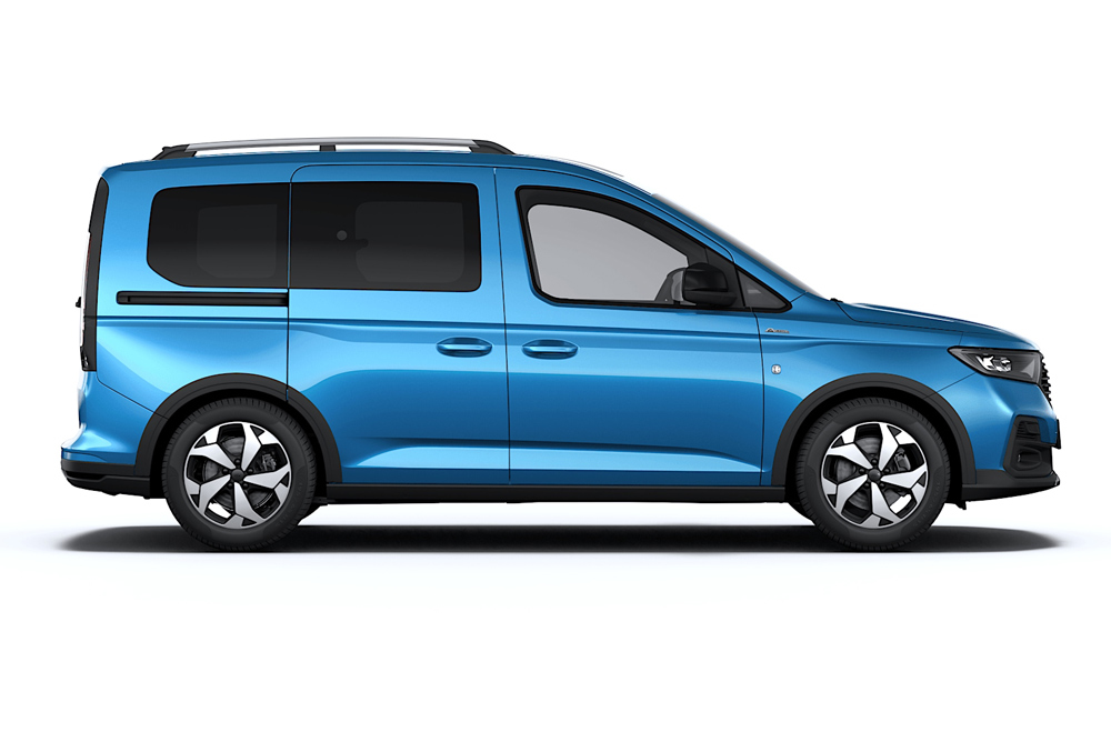 Vista lateral de una Ford Tourneo Connect azul.