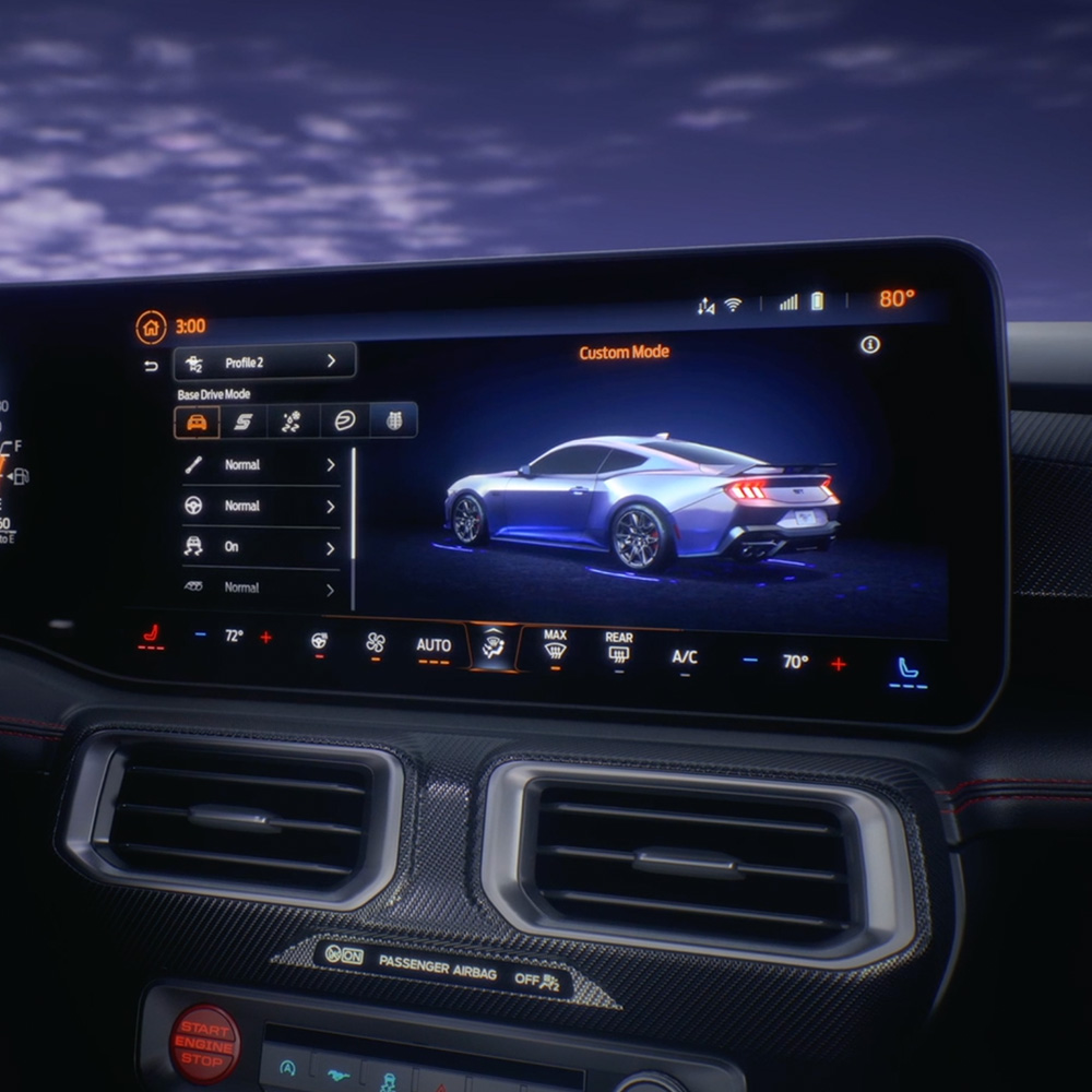 Close up of Ford Mustang dashboard monitor displaying Ford SYNC 4 software.