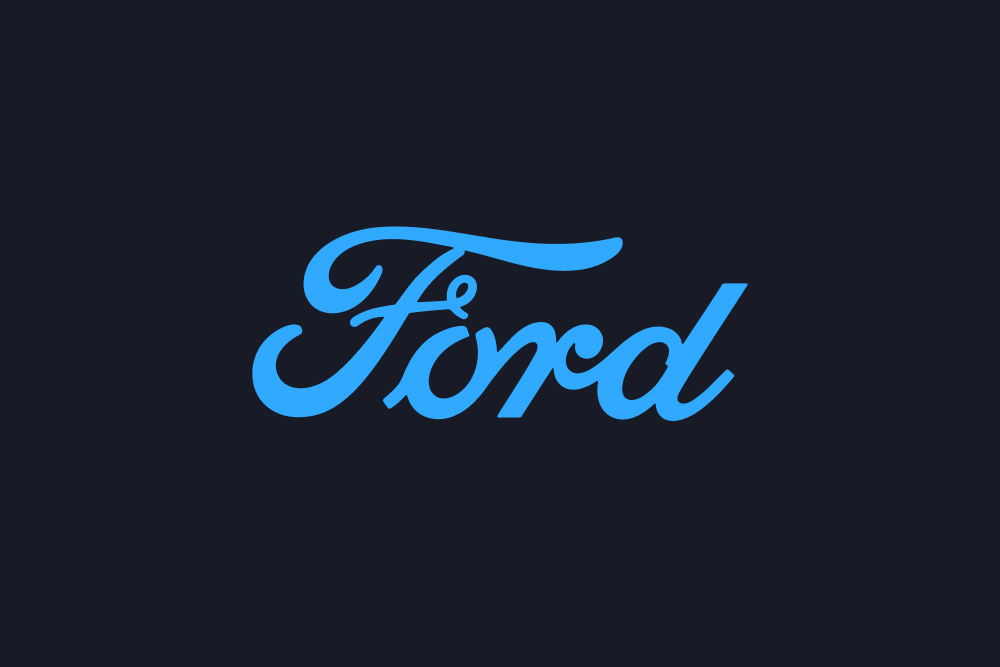 Logotipo de Ford en azul sobre fondo oscuro.