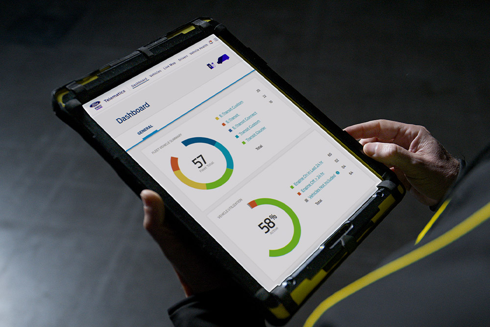 Primer plano de una tableta que muestra el panel de control de Ford Telematics.