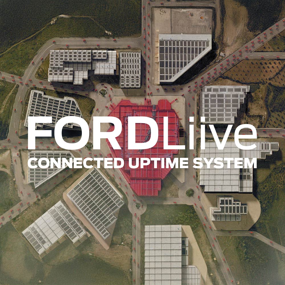 Vista aérea de un complejo de edificios con el logotipo de FORDLiive.