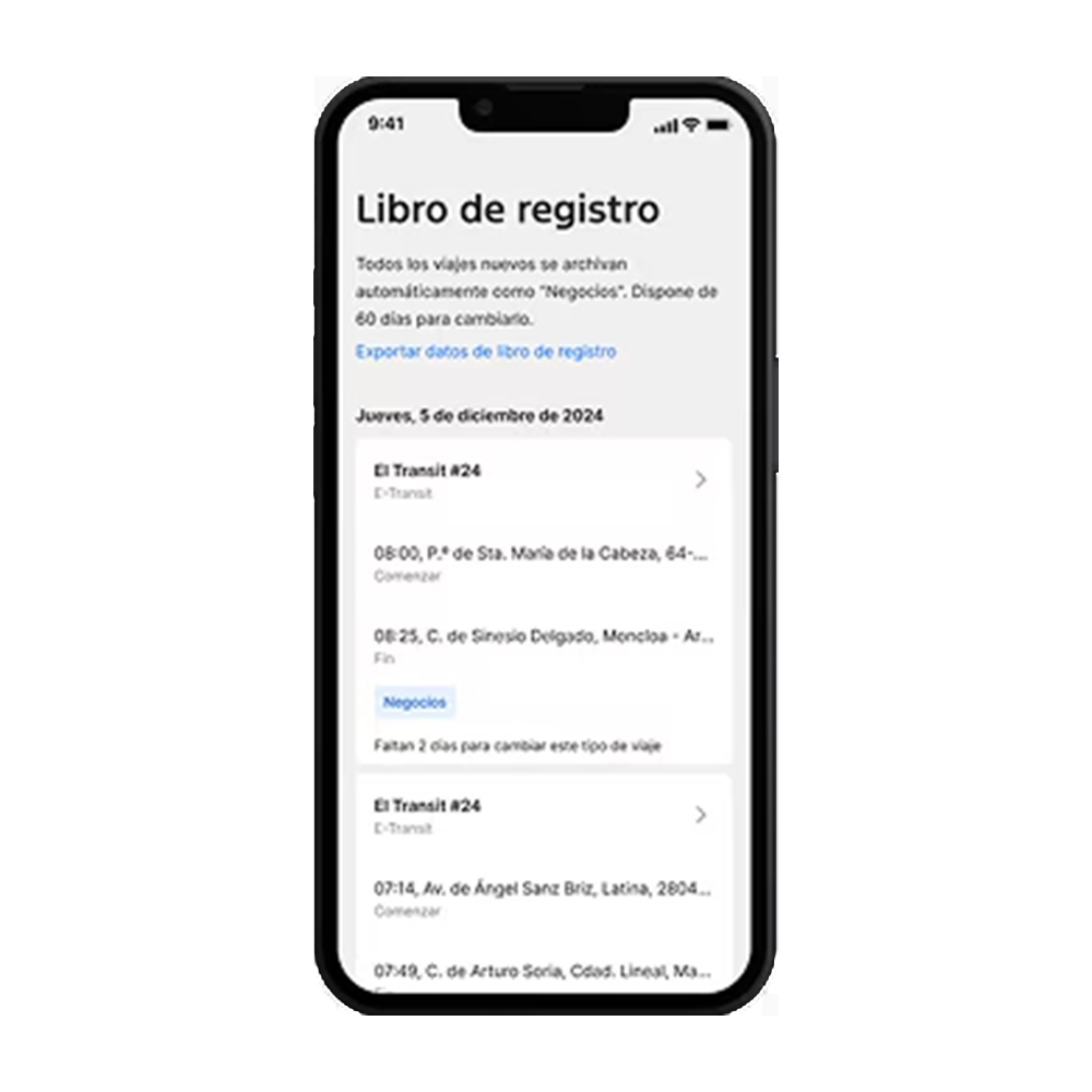 Captura de pantalla de Ford Pro Telematics Drive con un libro de registro que muestra los viajes recientes de un vehículo.