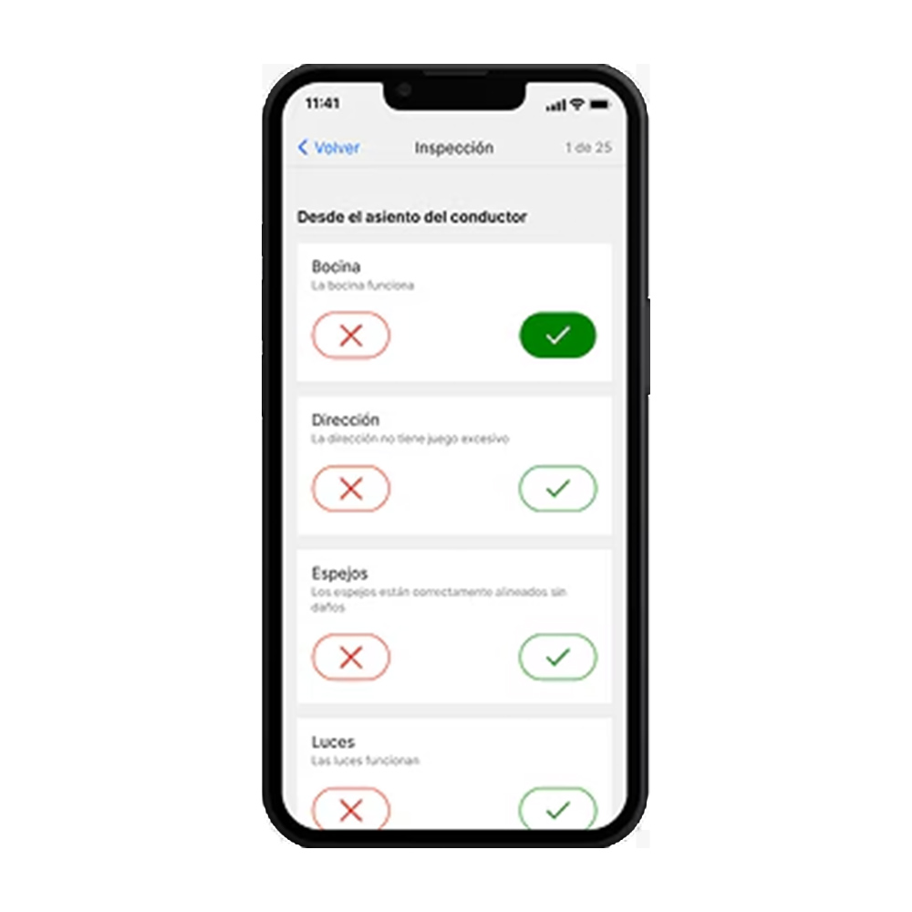 Captura de pantalla de Ford Pro Telematics Drive mostrando una lista de verificación de inspección del vehículo.