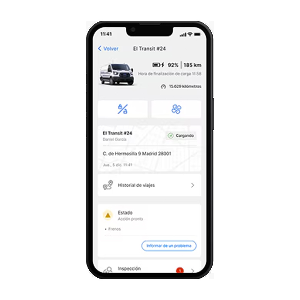 Vista de Ford Pro Telematics Drive de una página de vehículo, mostrando varios indicadores.