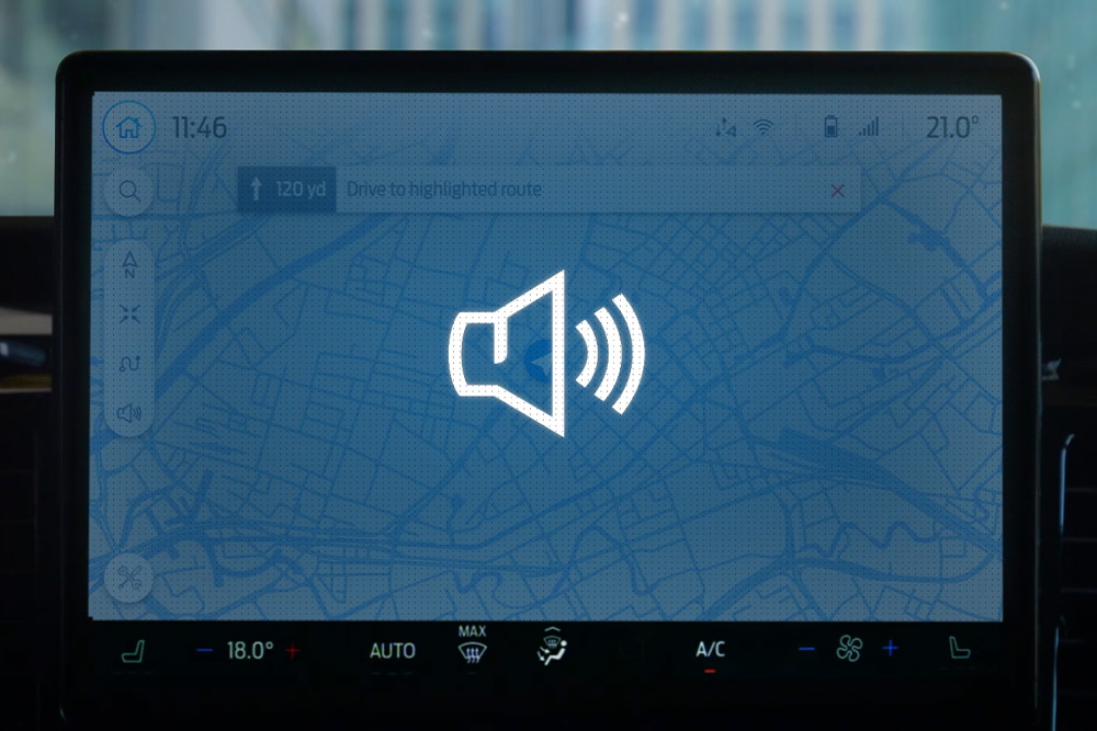 Símbolo de aviso verbal mostrado en la pantalla táctil de Ford, para el entrenamiento en el vehículo.