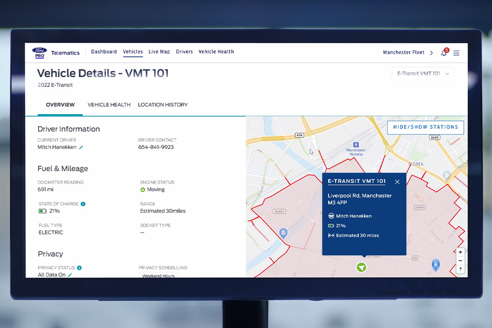 Un salpicadero que muestra la función de seguimiento de flotas GPS de Ford.